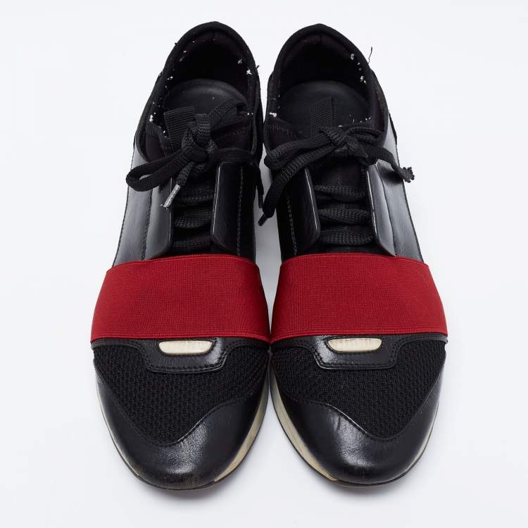 Pre Owned Balenciaga Black/Red Leather And Fabric Race Runner Low Top Sneakers Size 38