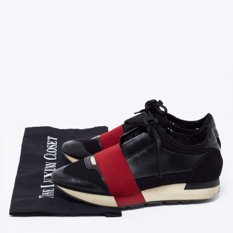 Pre Owned Balenciaga Black/Red Leather And Fabric Race Runner Low Top Sneakers Size 38