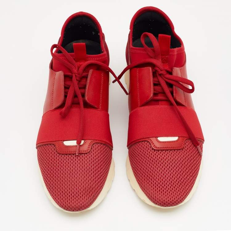 Pre Owned Balenciaga Red Leather And Mesh Race Runner Low Top Sneakers Size 41