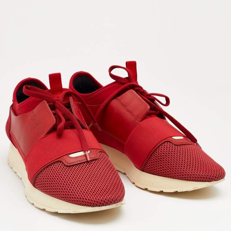 Pre Owned Balenciaga Red Leather And Mesh Race Runner Low Top Sneakers Size 41