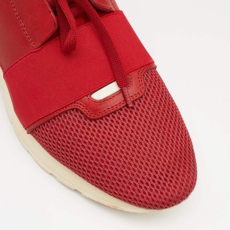 Pre Owned Balenciaga Red Leather And Mesh Race Runner Low Top Sneakers Size 41