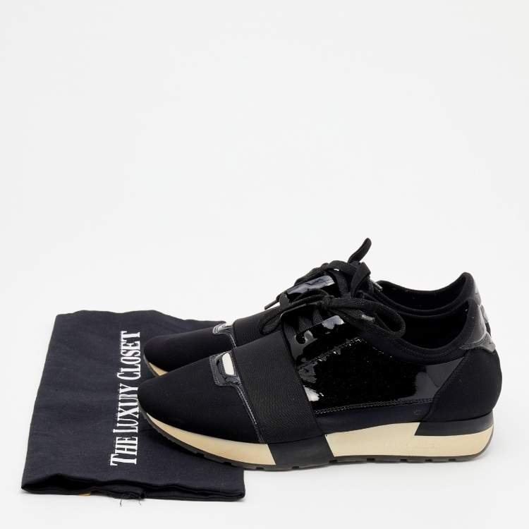 Pre Owned Balenciaga Black Patent Leather And Knit Fabric Race Runner Sneakers Size 39