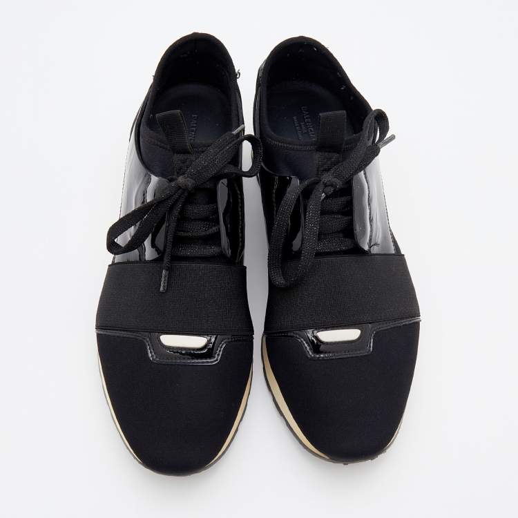 Pre Owned Balenciaga Black Patent Leather And Knit Fabric Race Runner Sneakers Size 39
