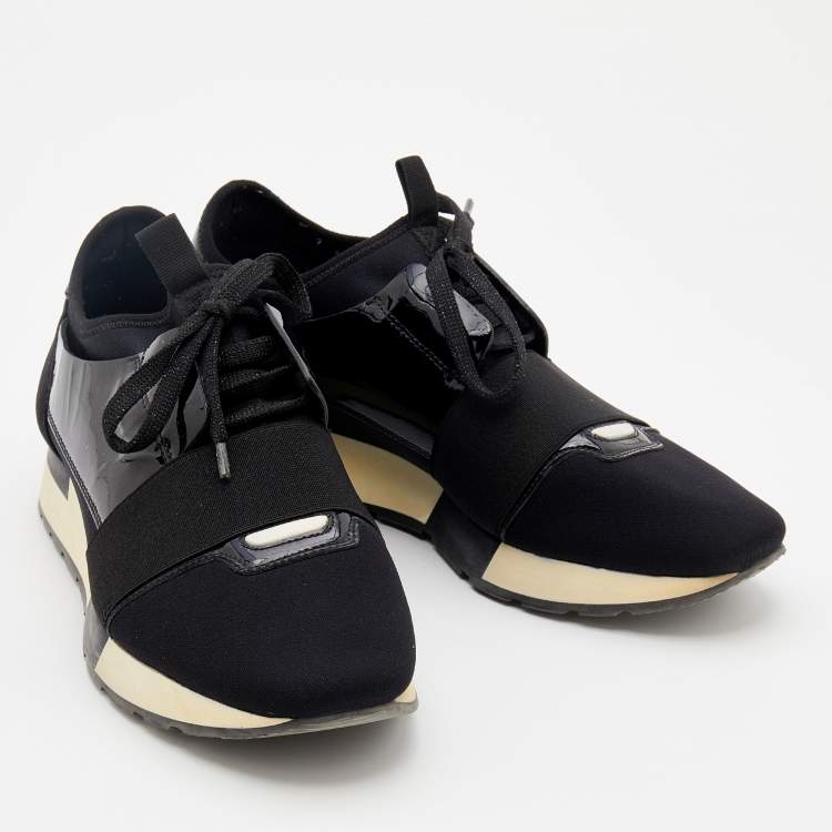 Pre Owned Balenciaga Black Patent Leather And Knit Fabric Race Runner Sneakers Size 39