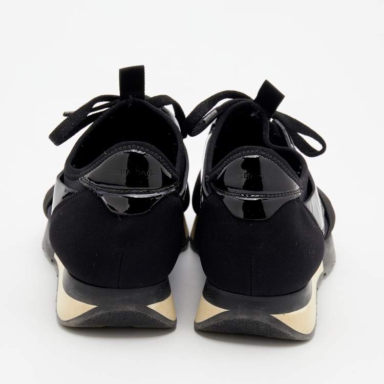 Pre Owned Balenciaga Black Patent Leather And Knit Fabric Race Runner Sneakers Size 39