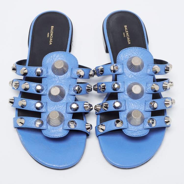 Pre Owned Balenciaga Blue Leather Arena Flat Slides Size 38