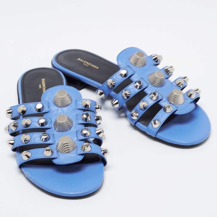 Pre Owned Balenciaga Blue Leather Arena Flat Slides Size 38
