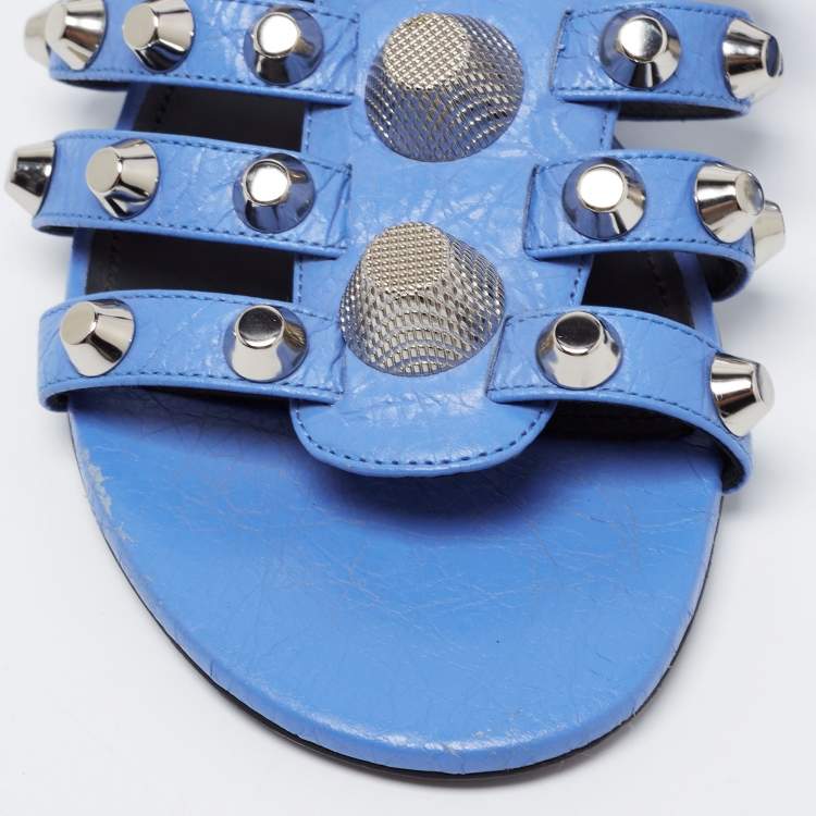 Pre Owned Balenciaga Blue Leather Arena Flat Slides Size 38