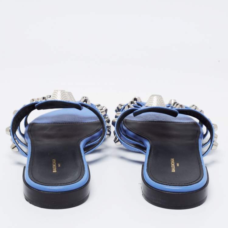 Pre Owned Balenciaga Blue Leather Arena Flat Slides Size 38