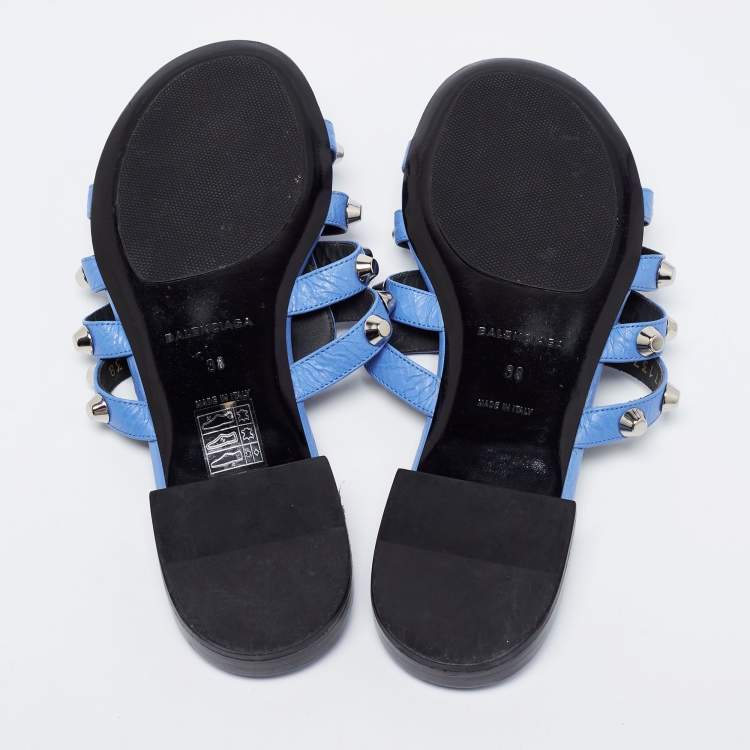 Pre Owned Balenciaga Blue Leather Arena Flat Slides Size 38