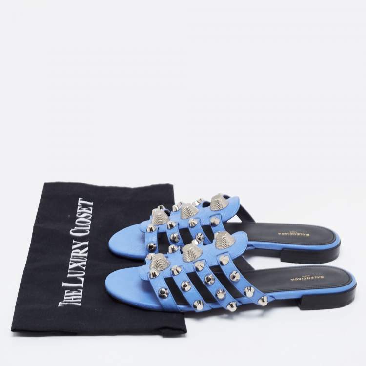 Pre Owned Balenciaga Blue Leather Arena Flat Slides Size 38