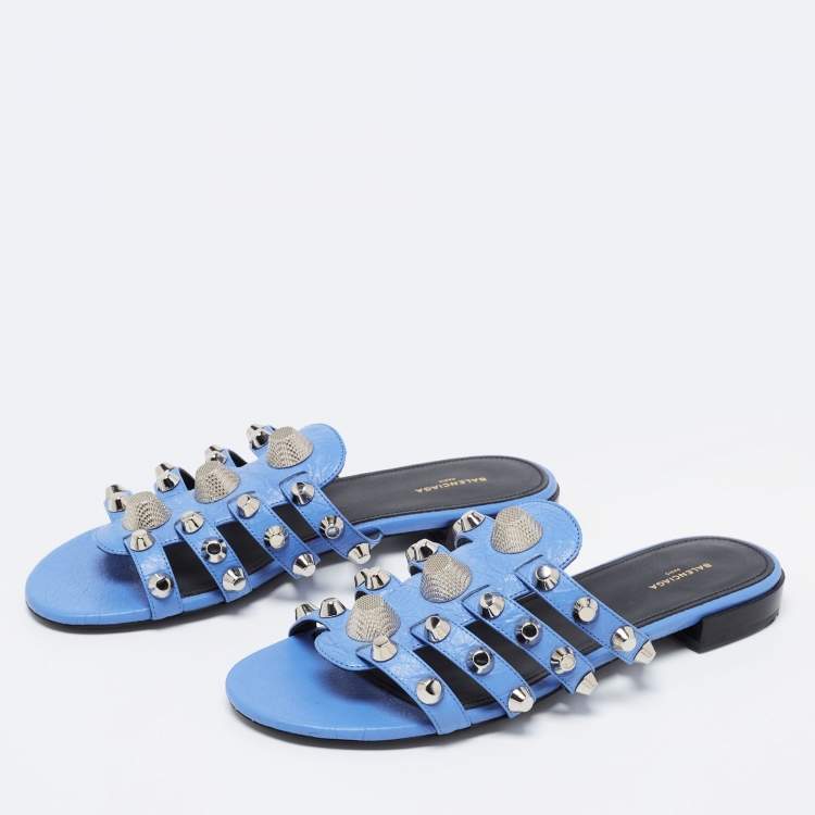 Pre Owned Balenciaga Blue Leather Arena Flat Slides Size 38