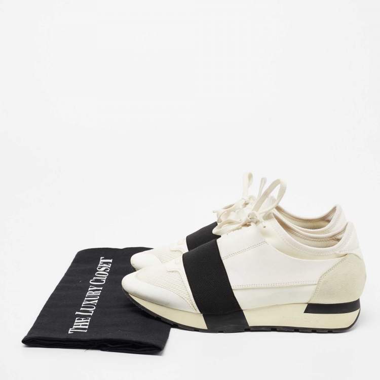 Pre Owned Balenciaga White/Black Mesh And Leather Race Runner Low Top Sneakers Size 38