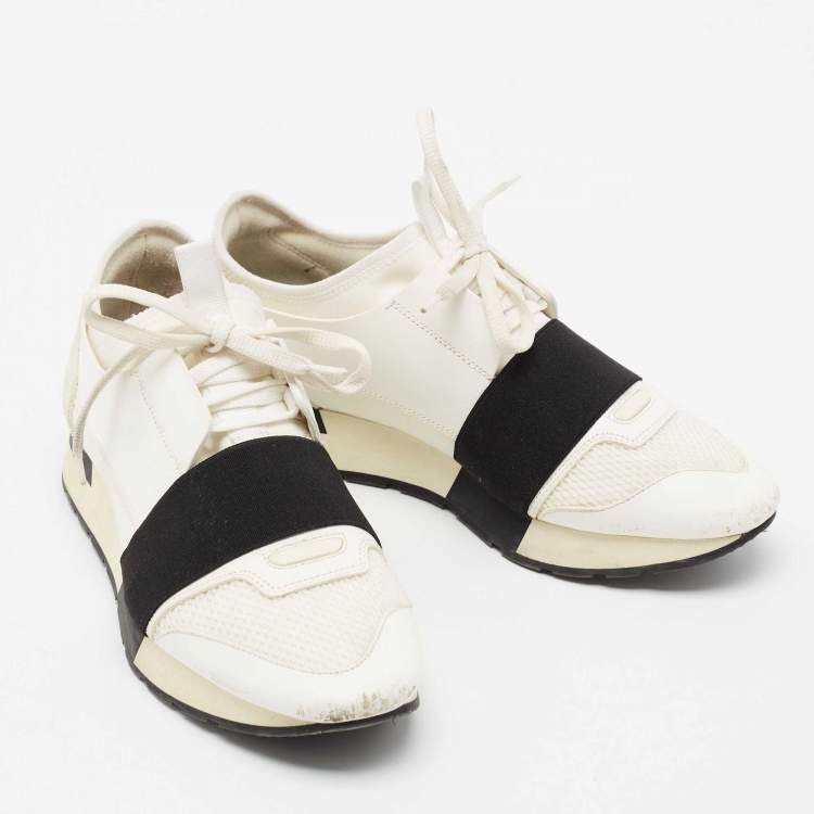 Pre Owned Balenciaga White/Black Mesh And Leather Race Runner Low Top Sneakers Size 38