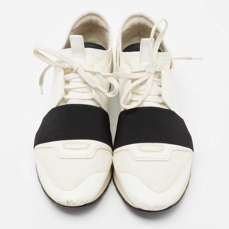 Pre Owned Balenciaga White/Black Mesh And Leather Race Runner Low Top Sneakers Size 38