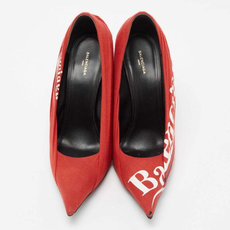 Pre Owned Balenciaga Red Fabric And Leather Knife Logo Pointed Toe Pumps Size 39