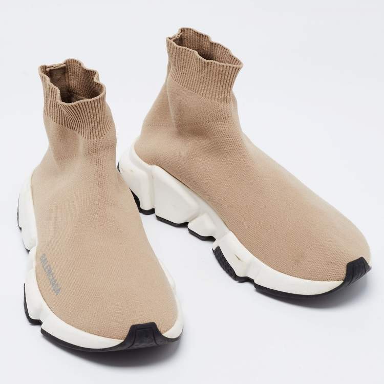 Pre Owned Balenciaga Beige Knit Fabric Speed Trainer High-Top Sneakers Size 36