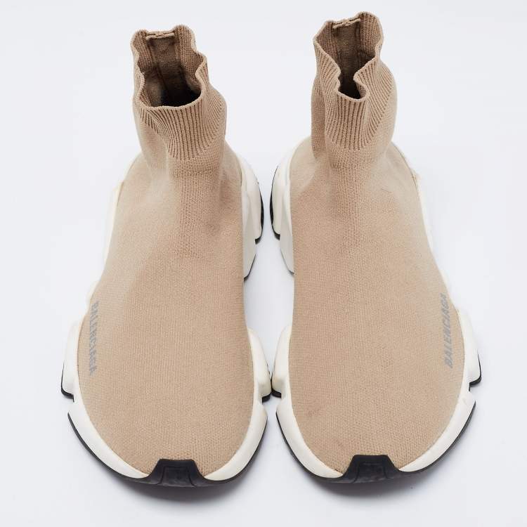 Pre Owned Balenciaga Beige Knit Fabric Speed Trainer High-Top Sneakers Size 36