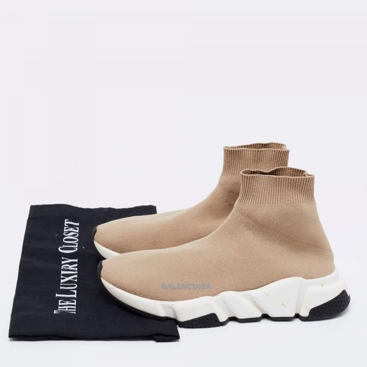 Pre Owned Balenciaga Beige Knit Fabric Speed Trainer High-Top Sneakers Size 36