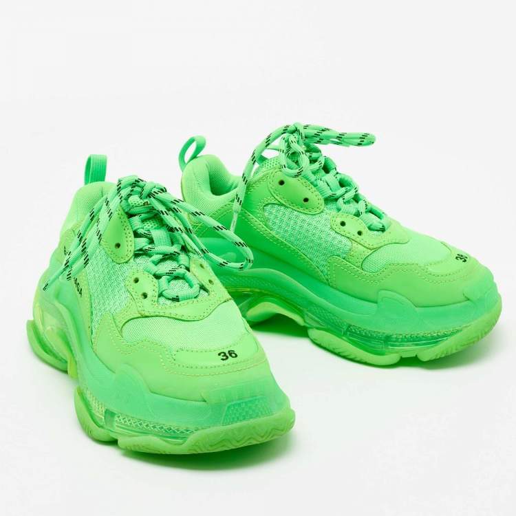 Pre Owned Balenciaga Green Leather And Mesh Triple S Clear Sneakers Size 36