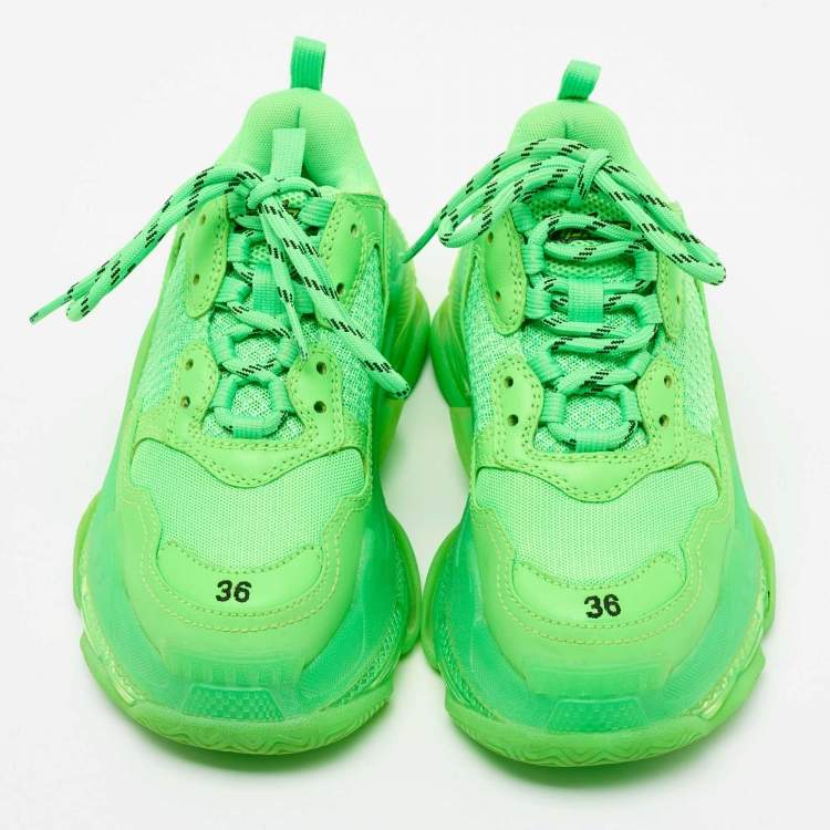 Pre Owned Balenciaga Green Leather And Mesh Triple S Clear Sneakers Size 36