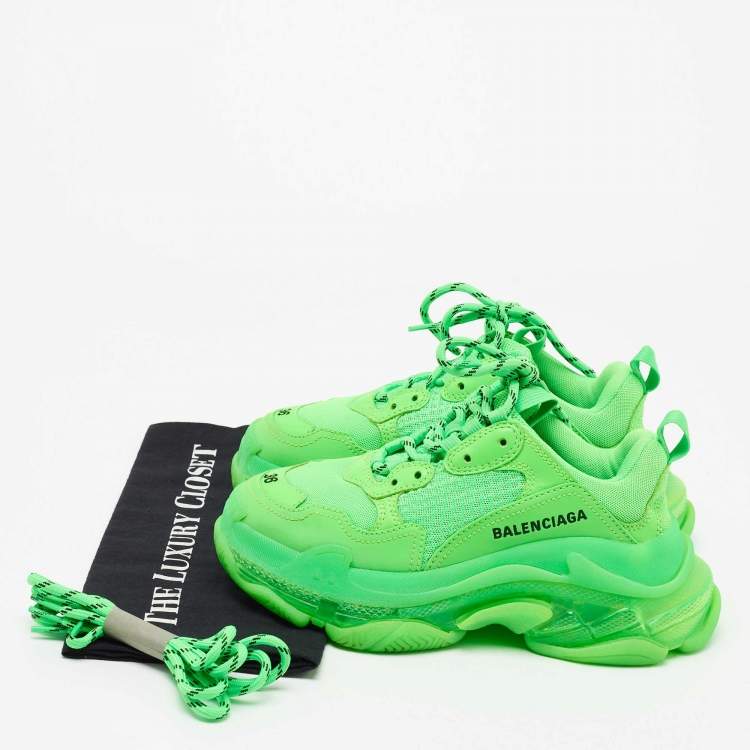 Pre Owned Balenciaga Green Leather And Mesh Triple S Clear Sneakers Size 36