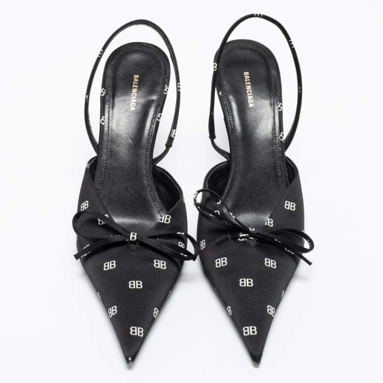 Pre Owned Balenciaga Black Satin BB Logo Knife Sandals Size 36.5