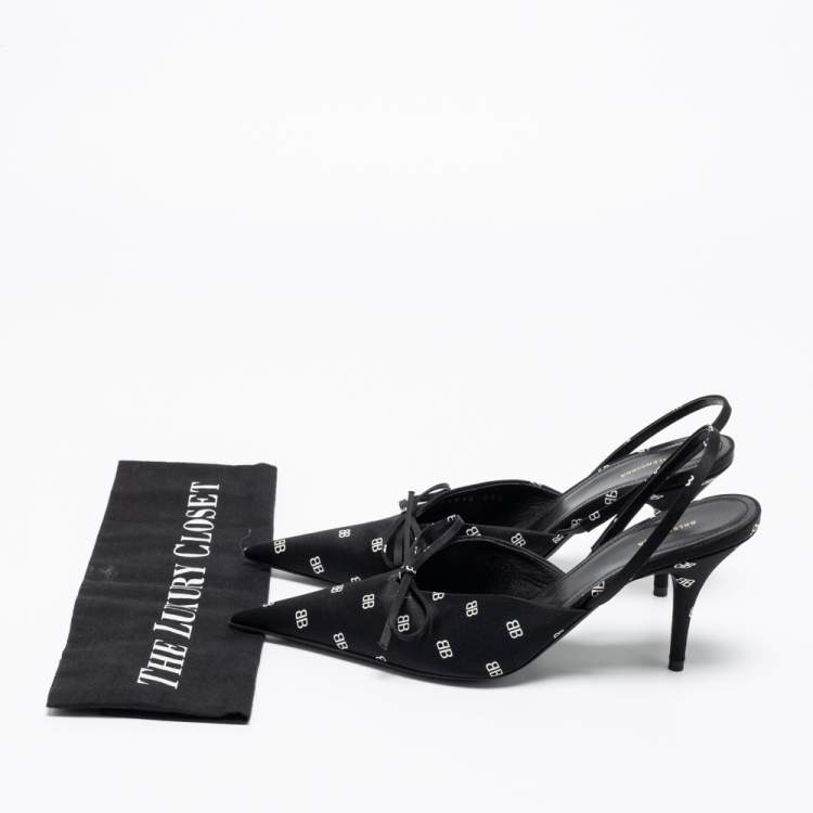 Pre Owned Balenciaga Black Satin BB Logo Knife Sandals Size 36.5
