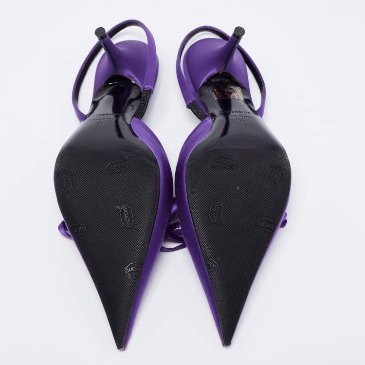 Pre Owned Balenciaga Purple Satin Knife Pointed Toe Slingback Sandals Size 37