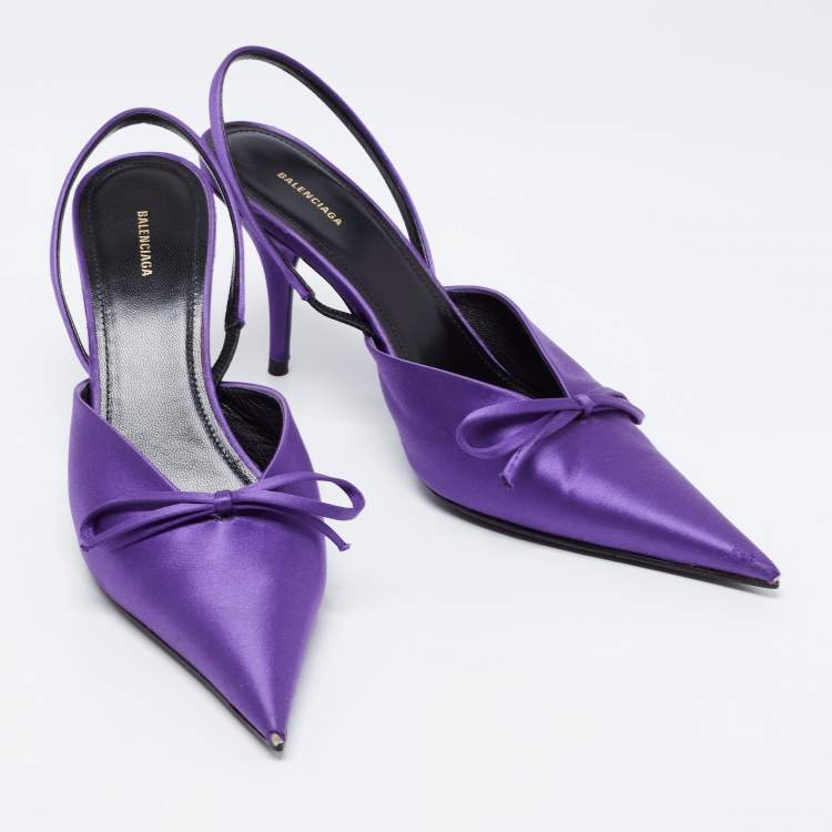 Pre Owned Balenciaga Purple Satin Knife Pointed Toe Slingback Sandals Size 37