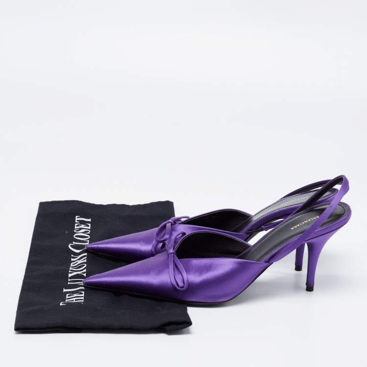 Pre Owned Balenciaga Purple Satin Knife Pointed Toe Slingback Sandals Size 37