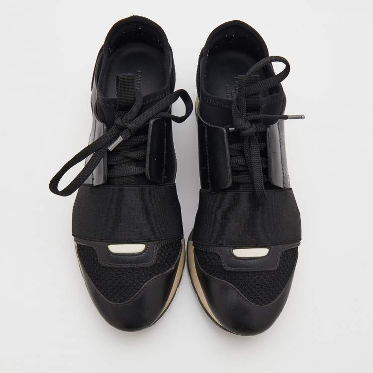 Pre Owned Balenciaga Black Leather and Mesh Race Runner Sneakers Size 35