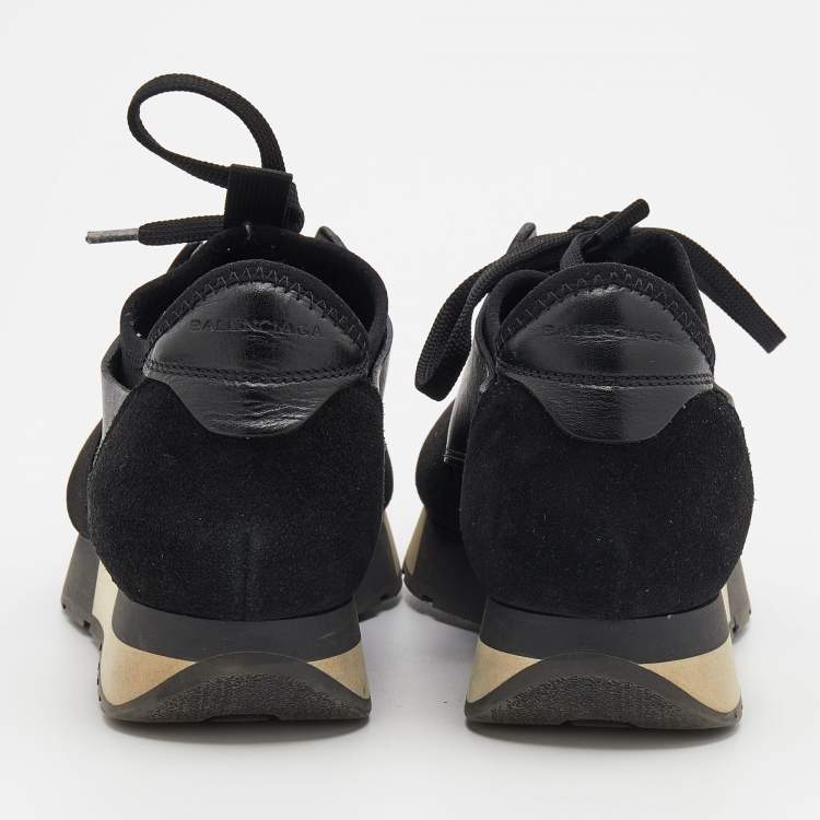Pre Owned Balenciaga Black Leather and Mesh Race Runner Sneakers Size 35