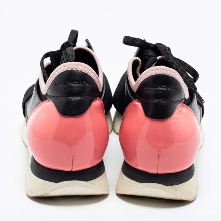 Pre Owned Balenciaga Black/Pink Leather and Mesh Race Runner Sneakers Size 40