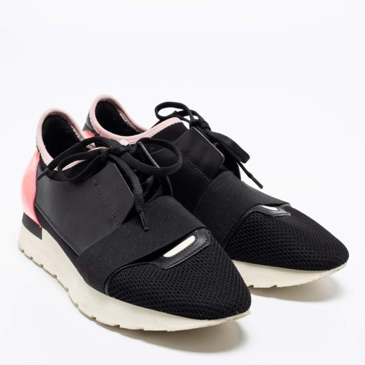 Pre Owned Balenciaga Black/Pink Leather and Mesh Race Runner Sneakers Size 40