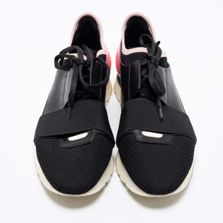 Pre Owned Balenciaga Black/Pink Leather and Mesh Race Runner Sneakers Size 40