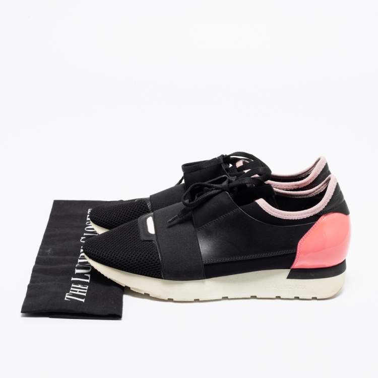 Pre Owned Balenciaga Black/Pink Leather and Mesh Race Runner Sneakers Size 40