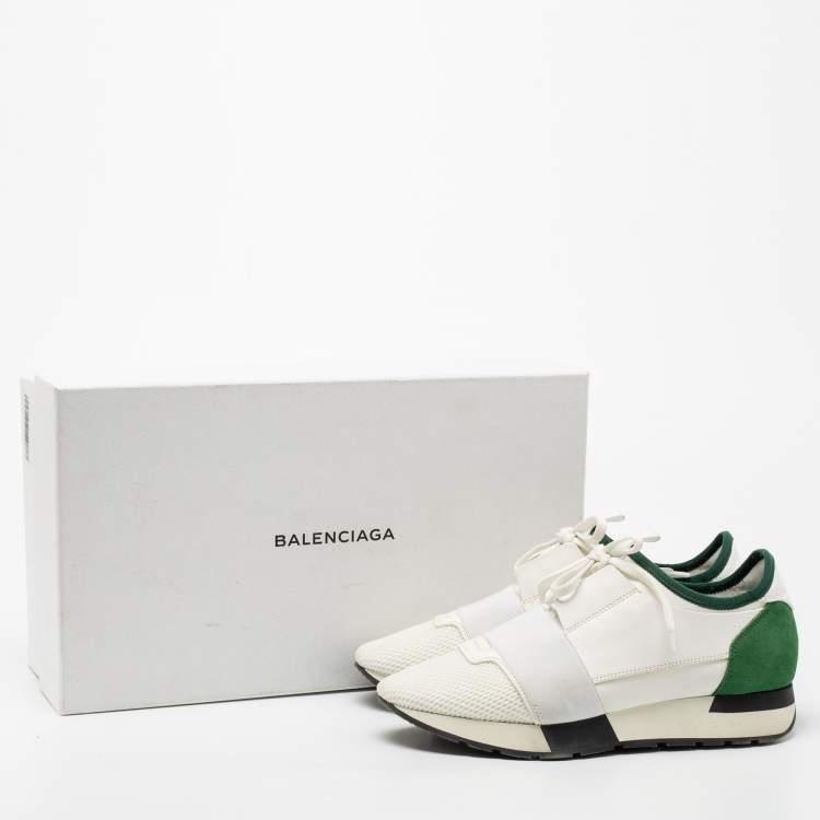 Pre Owned Balenciaga White/Green Leather, Mesh Race Runner Sneakers Size 38