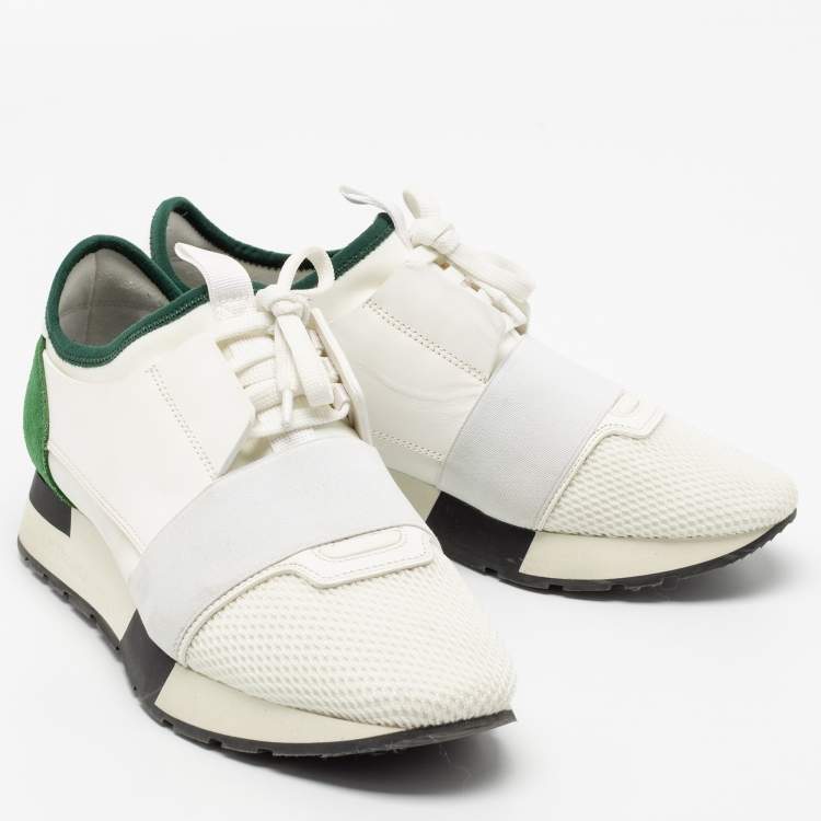 Pre Owned Balenciaga White/Green Leather, Mesh Race Runner Sneakers Size 38