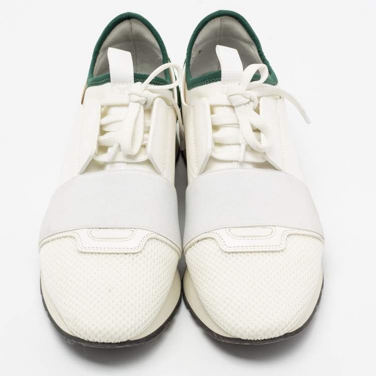 Pre Owned Balenciaga White/Green Leather, Mesh Race Runner Sneakers Size 38