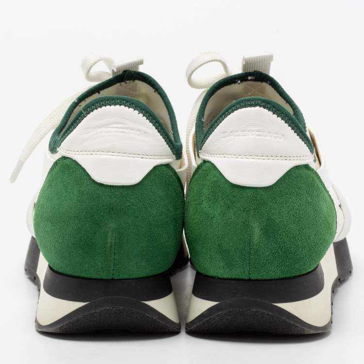 Pre Owned Balenciaga White/Green Leather, Mesh Race Runner Sneakers Size 38