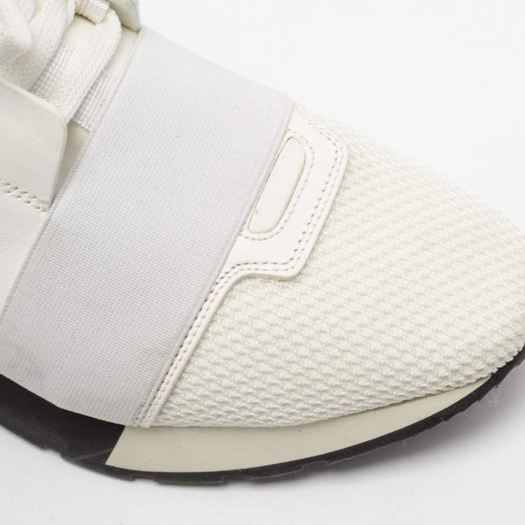 Pre Owned Balenciaga White/Green Leather, Mesh Race Runner Sneakers Size 38
