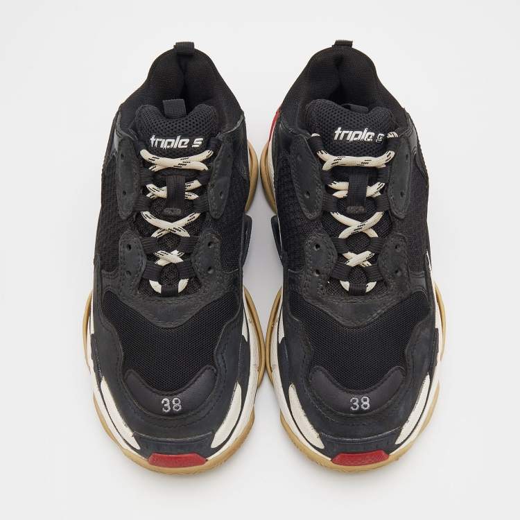 Pre Owned Balenciaga Black Leather And Mesh Triple S Lace Up Sneakers Size 38