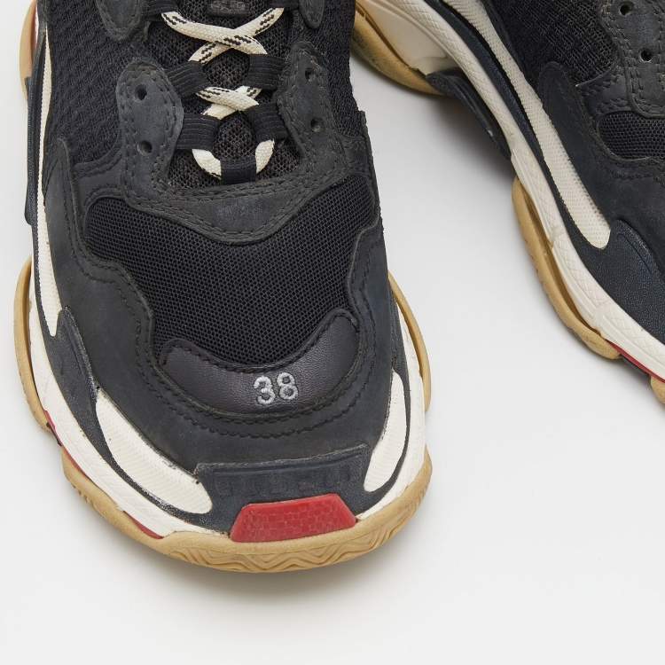 Pre Owned Balenciaga Black Leather And Mesh Triple S Lace Up Sneakers Size 38
