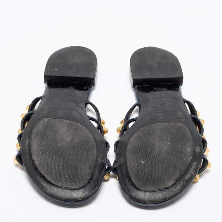 Pre Owned Balenciaga Black Laminated Leather Arena Giant Slide Flat Sandals Size 38
