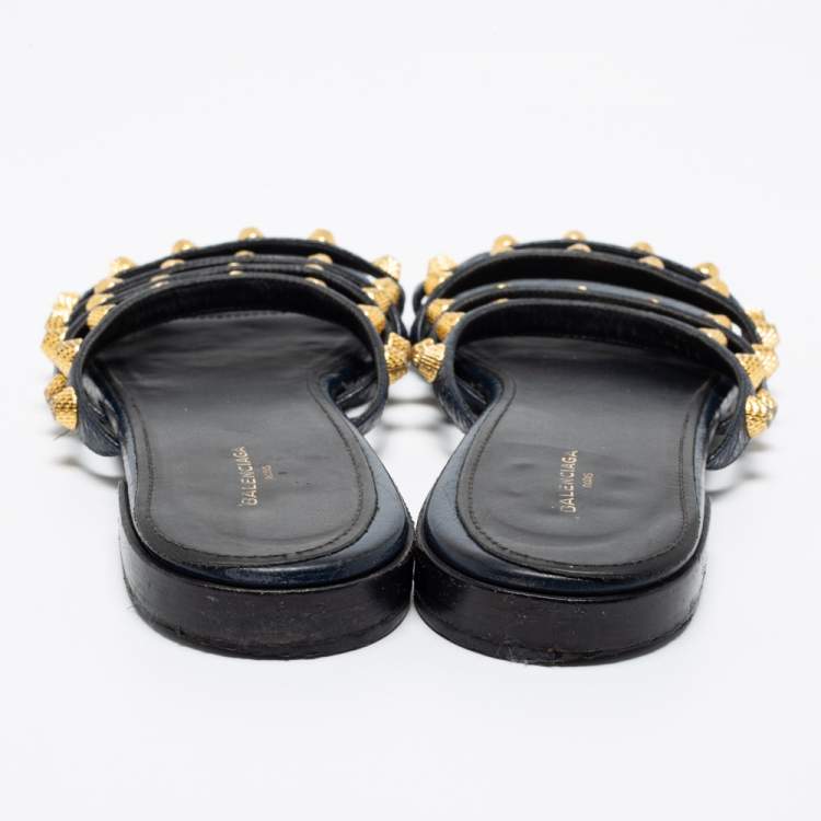 Pre Owned Balenciaga Black Laminated Leather Arena Giant Slide Flat Sandals Size 38
