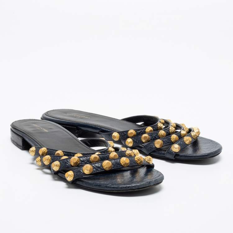 Pre Owned Balenciaga Black Laminated Leather Arena Giant Slide Flat Sandals Size 38