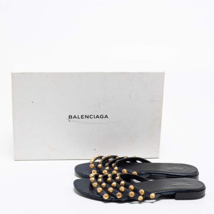 Pre Owned Balenciaga Black Laminated Leather Arena Giant Slide Flat Sandals Size 38