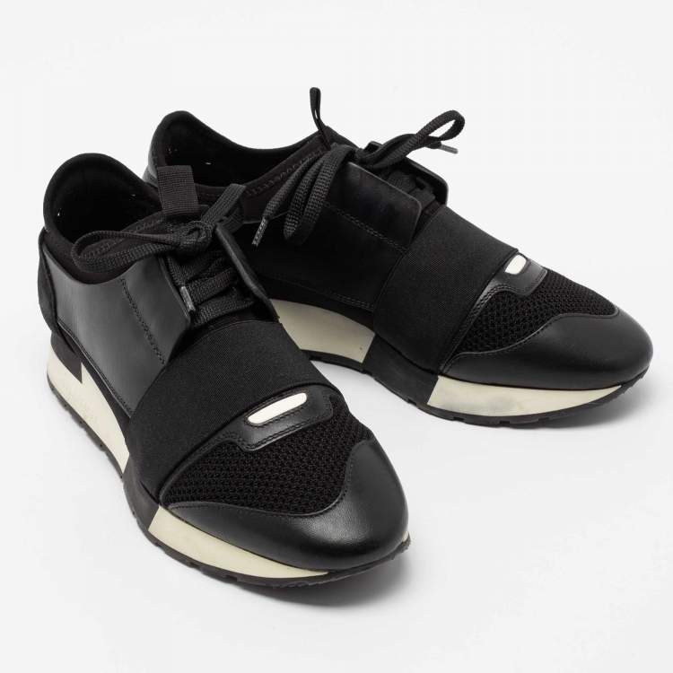 Pre Owned Balenciaga Black Leather and Mesh Race Runner Sneakers Size 38