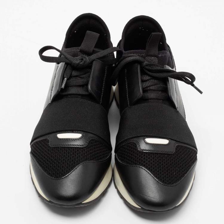 Pre Owned Balenciaga Black Leather and Mesh Race Runner Sneakers Size 38